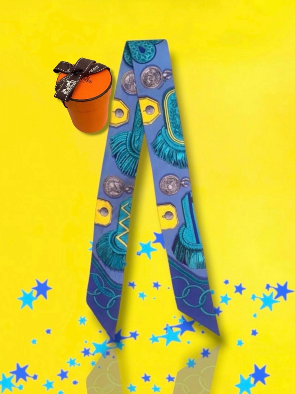 💞HERMES Silk Twilly Ribbon Scarf “Epaulettes de Gala” Lavender Turquoise Yellow